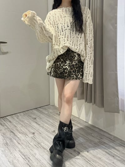 秋日落葉洞洞長版針織衫8