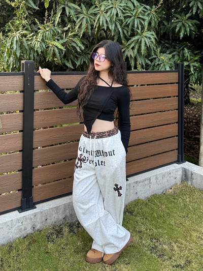 豹紋十字拼接棉褲1