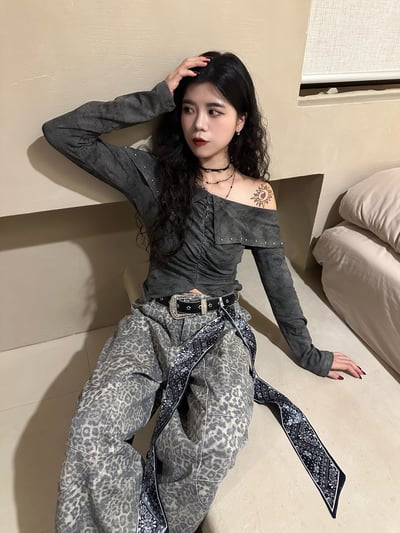 灰豹紋飄帶繭型牛仔褲9