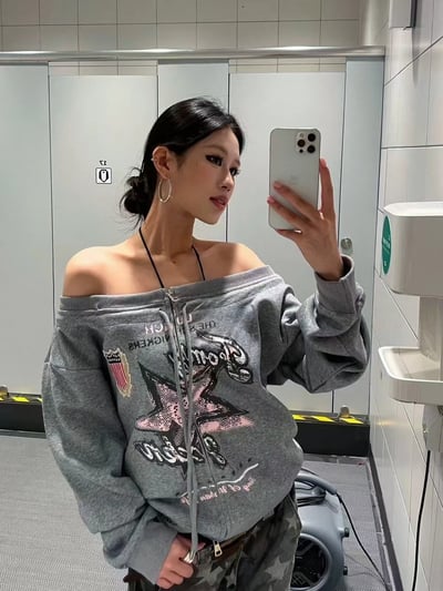 復古手繪星星一字領衛衣11