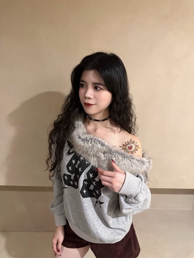 慵懶風毛絨絨一字領上衣5