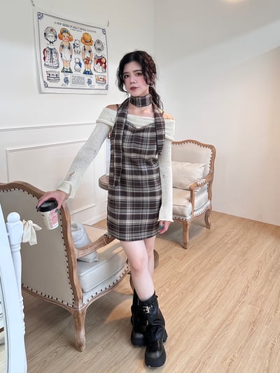 正韓 格紋綁脖吊帶小洋裝4