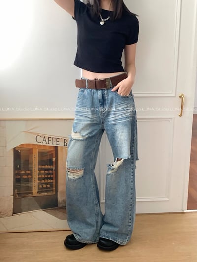 百搭必備刷破直筒牛仔褲7