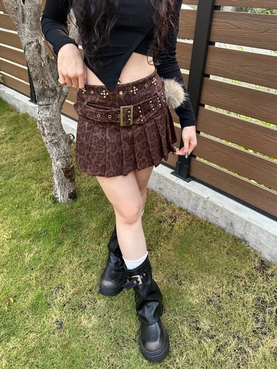 卯釘麂皮豹紋百褶裙1