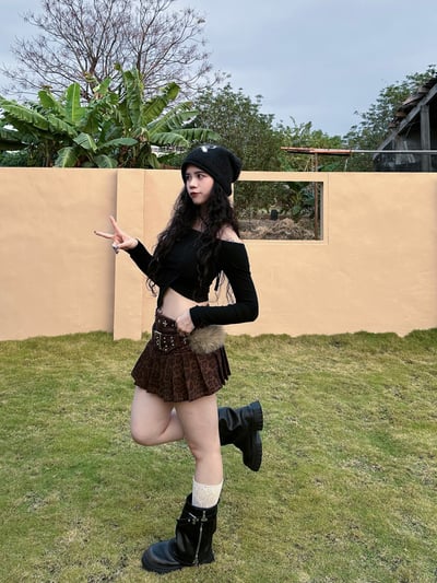 卯釘麂皮豹紋百褶裙3