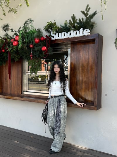 灰豹紋飄帶繭型牛仔褲6