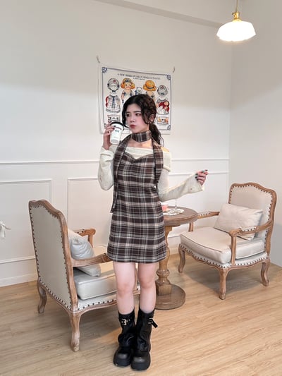 正韓 格紋綁脖吊帶小洋裝2