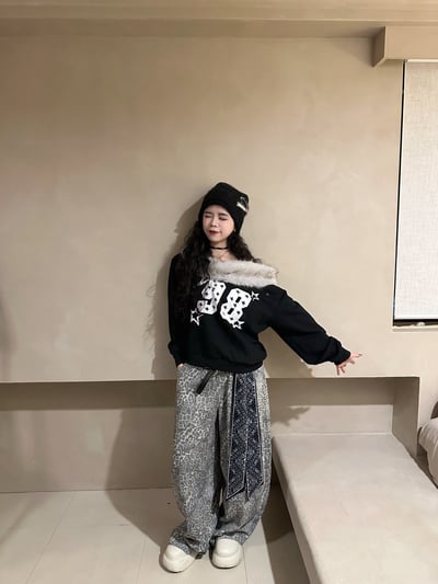 灰豹紋飄帶繭型牛仔褲7