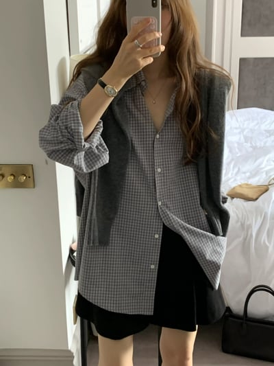 斷貨《ounce襯衫真的推》韓妞中性格紋襯衫25