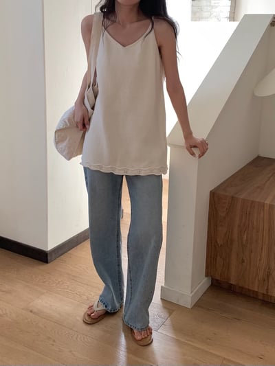 W7成團！《b家》棉100花捲邊針織吊帶2