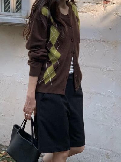 深藍現貨!《2025 trend》直式菱格紋針織外套10