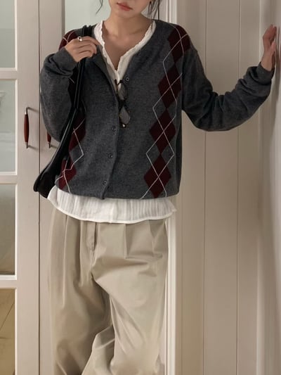 深藍現貨!《2025 trend》直式菱格紋針織外套20