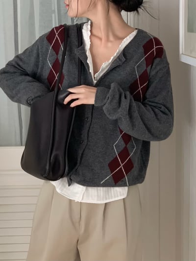 深藍現貨!《2025 trend》直式菱格紋針織外套19