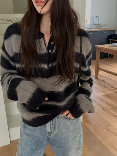 現貨！《平價韓貨》polo領條紋毛衣2