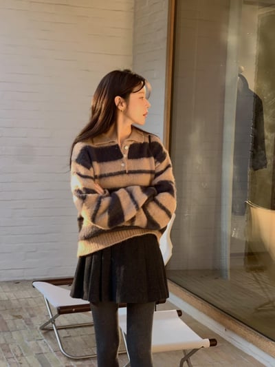 現貨！《平價韓貨》polo領條紋毛衣4