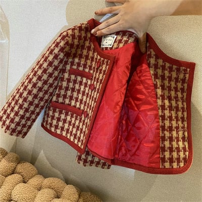 C1-058 聖誕新年小香風格子呢料夾棉加厚外套加裙子套裝2