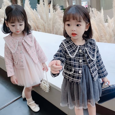 C1-056 小香風翻領外套加網紗背心裙套裝2