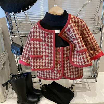 C1-058 聖誕新年小香風格子呢料夾棉加厚外套加裙子套裝1