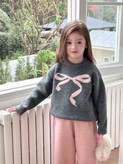 A1-033 聖誕新款甜美蝴蝶結提花加厚針織毛衣2