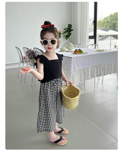 C1-011 露背繫帶方領上衣加格紋寬褲套裝3