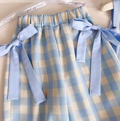 C1-063 藍格套裝無袖上衣配蝴蝶結寬腿褲加包包三件套4