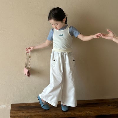 D1-003 韓版藍白女童背心+短袖2件套/褲子1