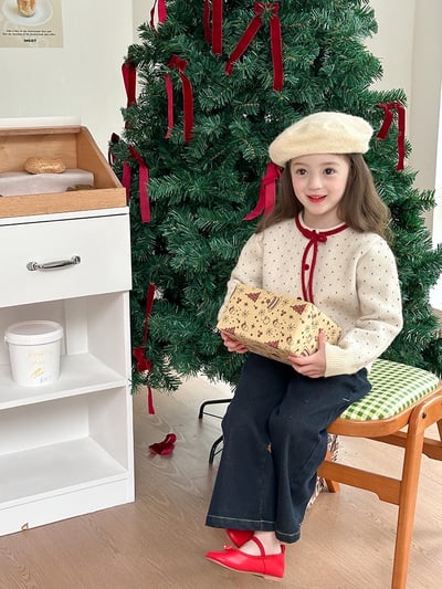 A1-029 聖誕新年波點蝴蝶結綿羊絨針織毛衣外套2