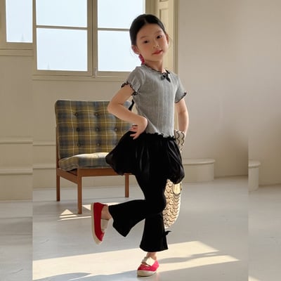 D1-013 韓版蝴蝶結短袖上衣淑女短袖灰色上衣+黑色裙褲1