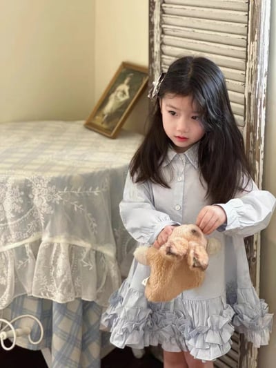 C1-043 長袖襯衫領拼接洋裝蛋糕裙2