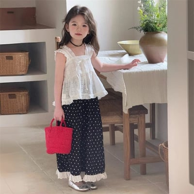 C1-076 蕾絲吊帶襯衫時髦蕾絲波點闊腿褲套裝2