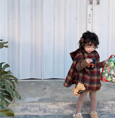 C1-038 聖誕新款尖尖帽格子夹棉加厚呢大衣斗篷外套2