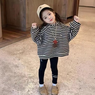 C1-044 條紋長袖連帽上衣加修身緊身褲兩件套裝1