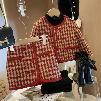 C1-058 聖誕新年小香風格子呢料夾棉加厚外套加裙子套裝4