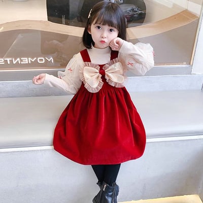 C1-107 聖誕新年針織網紗泡泡袖上衣加立體蝴蝶結加絨背心裙兩件套3