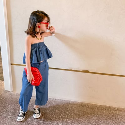 C1-090 輕薄仿牛仔短版鬆緊上衣+長褲套裝3