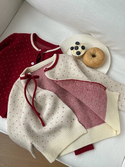 A1-029 聖誕新年波點蝴蝶結綿羊絨針織毛衣外套12