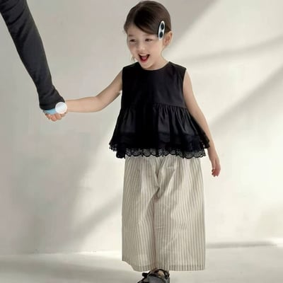 C1-087 洋氣黑色背心娃娃衫無袖蕾絲長褲套裝2