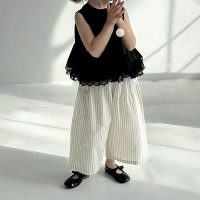 C1-087 洋氣黑色背心娃娃衫無袖蕾絲長褲套裝3