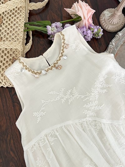 A1-015 氣度假風洋裝質感天絲條繡花公主背心裙10