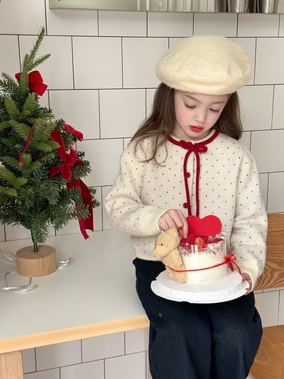 A1-029 聖誕新年波點蝴蝶結綿羊絨針織毛衣外套4