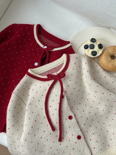 A1-029 聖誕新年波點蝴蝶結綿羊絨針織毛衣外套13