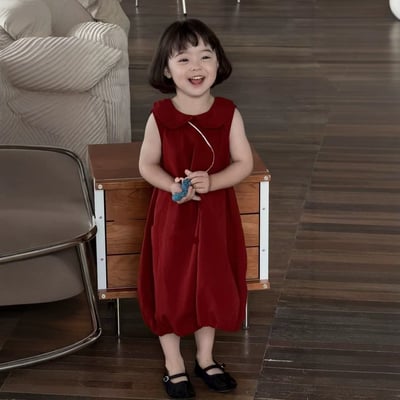 C1-080 復古紅色娃娃領背心裙花苞連身裙1