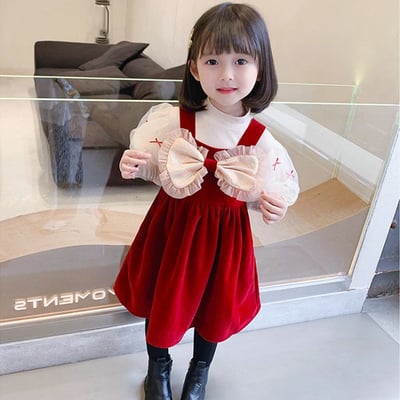 C1-107 聖誕新年針織網紗泡泡袖上衣加立體蝴蝶結加絨背心裙兩件套1