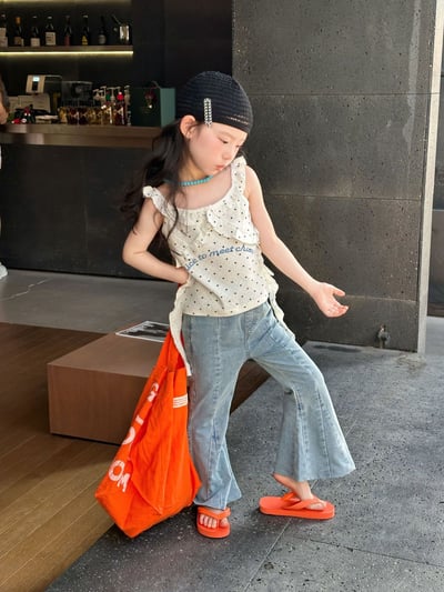 D1-016 韓版波點吊帶不規則設計款背心+喇叭牛仔裤2