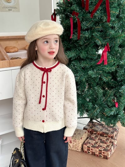 A1-029 聖誕新年波點蝴蝶結綿羊絨針織毛衣外套3