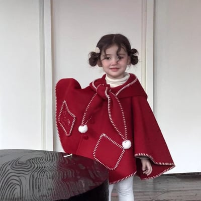 C1-106 聖誕新款雙面呢料連帽毛球斗篷加厚外套2