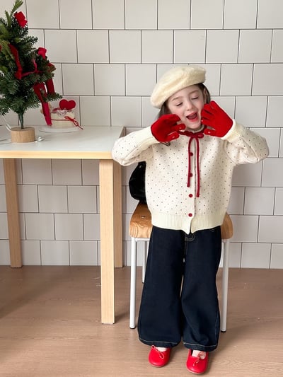 A1-029 聖誕新年波點蝴蝶結綿羊絨針織毛衣外套5