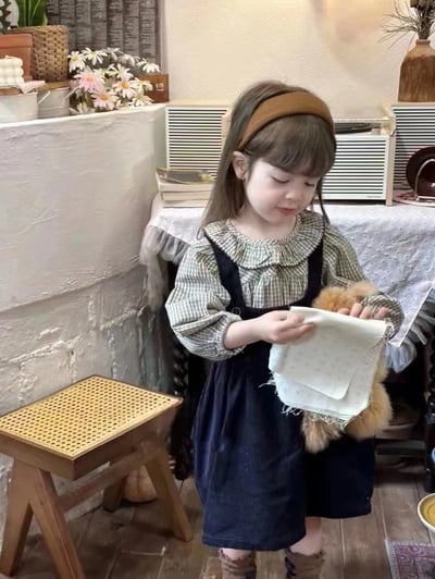 C1-021 圓領格紋上衣加燈芯絨背心裙兩件套裝2