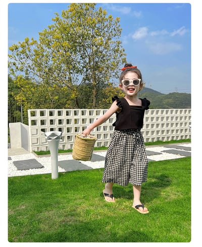 C1-011 露背繫帶方領上衣加格紋寬褲套裝5