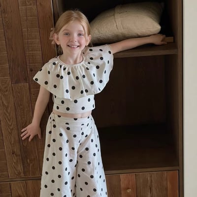 C1-084 圓點荷葉領帶短上衣加休閒褲2